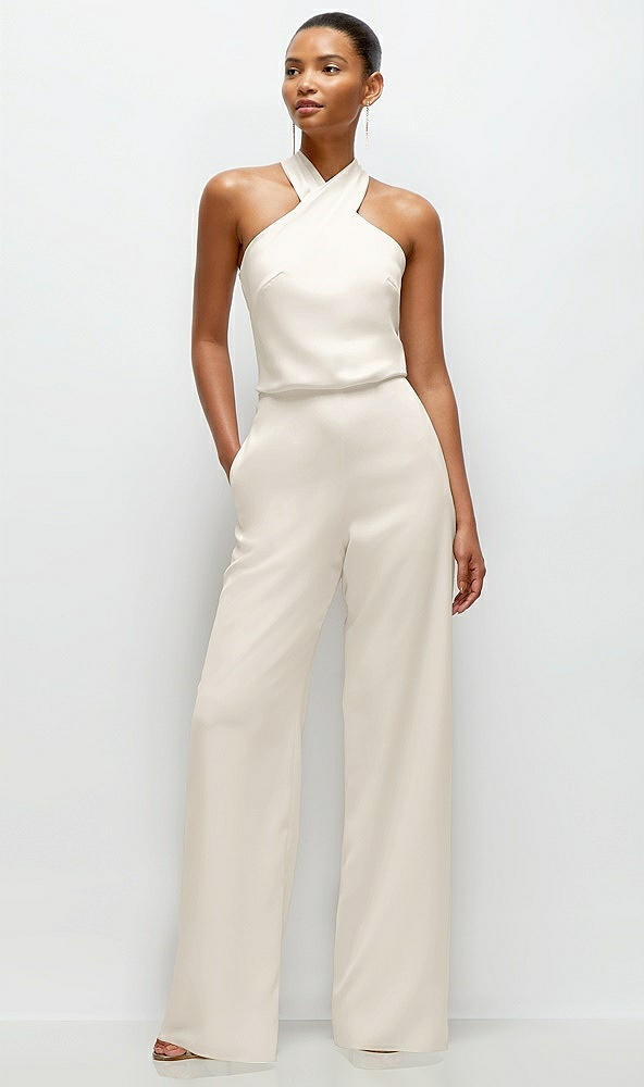 Front View - Ivory Pleated Halter Blouson Crepe Wedding Jumpsuit with Self-Tie Bow Back