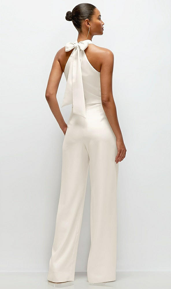 Back View - Ivory Pleated Halter Blouson Crepe Wedding Jumpsuit with Self-Tie Bow Back