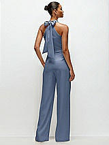 Rear View Thumbnail - Larkspur Blue Pleated Halter Blouson Crepe Wedding Jumpsuit with Self-Tie Bow Back