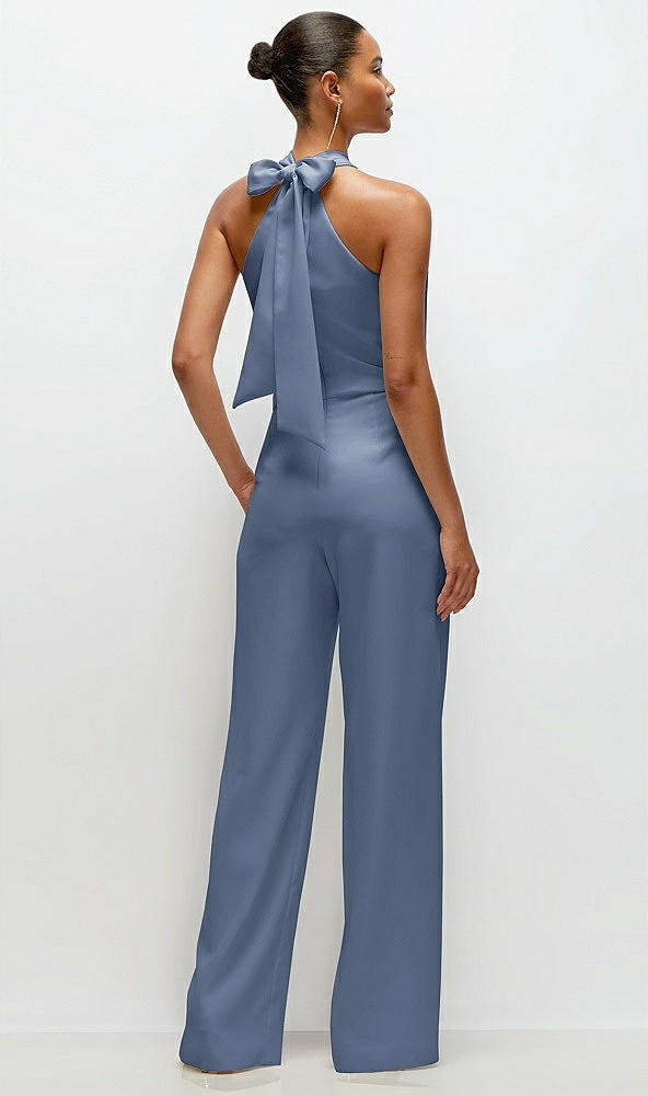 Back View - Larkspur Blue Pleated Halter Blouson Crepe Wedding Jumpsuit with Self-Tie Bow Back