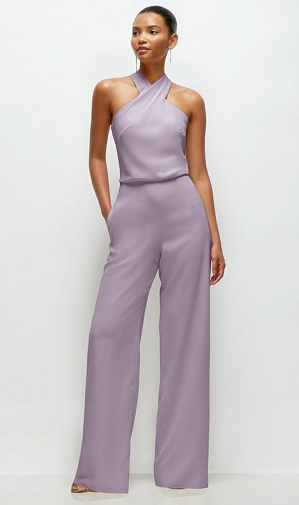 Front View - Lilac Haze Pleated Halter Blouson Crepe Wedding Jumpsuit with Self-Tie Bow Back