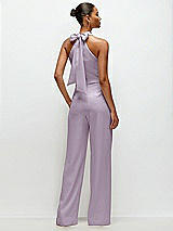 Rear View Thumbnail - Lilac Haze Pleated Halter Blouson Crepe Wedding Jumpsuit with Self-Tie Bow Back