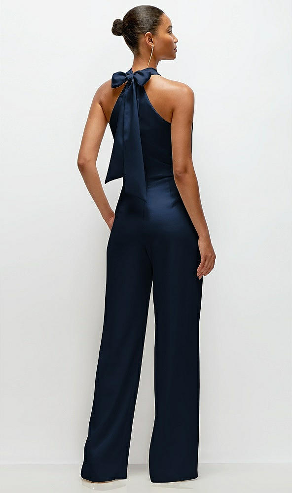 Back View - Midnight Navy Pleated Halter Blouson Crepe Wedding Jumpsuit with Self-Tie Bow Back