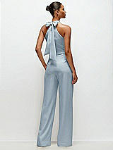 Rear View Thumbnail - Mist Pleated Halter Blouson Crepe Wedding Jumpsuit with Self-Tie Bow Back