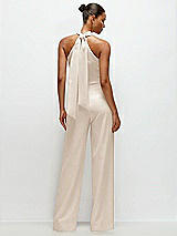 Alt View 1 Thumbnail - Oat Pleated Halter Blouson Crepe Wedding Jumpsuit with Self-Tie Bow Back