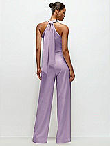 Alt View 1 Thumbnail - Pale Purple Pleated Halter Blouson Crepe Wedding Jumpsuit with Self-Tie Bow Back