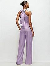 Rear View Thumbnail - Pale Purple Pleated Halter Blouson Crepe Wedding Jumpsuit with Self-Tie Bow Back