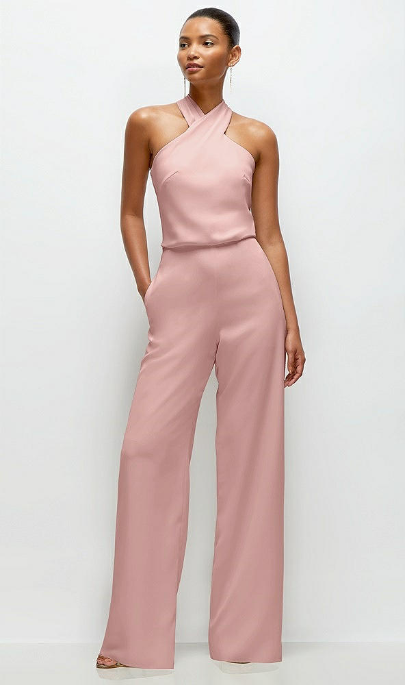 Front View - Rose - PANTONE Rose Quartz Pleated Halter Blouson Crepe Wedding Jumpsuit with Self-Tie Bow Back