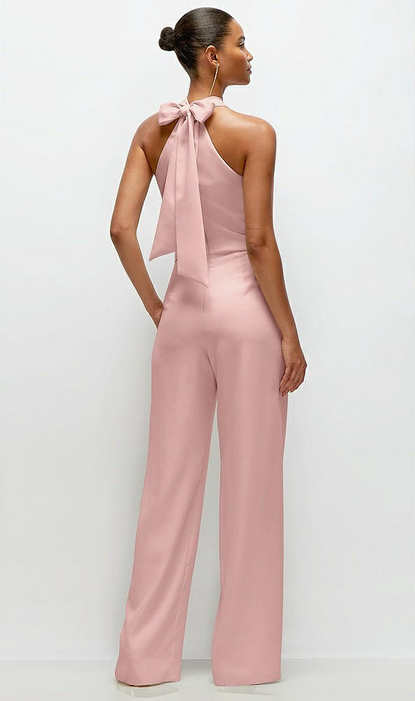 Back View - Rose - PANTONE Rose Quartz Pleated Halter Blouson Crepe Wedding Jumpsuit with Self-Tie Bow Back