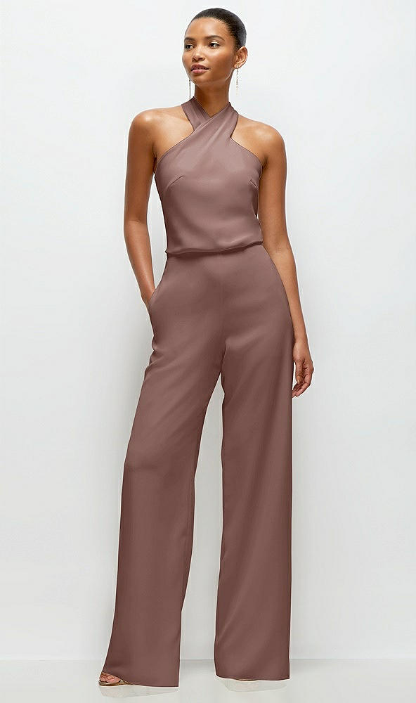 Front View - Sienna Pleated Halter Blouson Crepe Wedding Jumpsuit with Self-Tie Bow Back