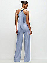 Alt View 1 Thumbnail - Sky Blue Pleated Halter Blouson Crepe Wedding Jumpsuit with Self-Tie Bow Back