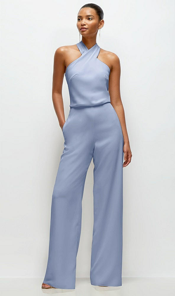 Front View - Sky Blue Pleated Halter Blouson Crepe Wedding Jumpsuit with Self-Tie Bow Back