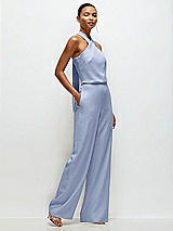 Side View Thumbnail - Sky Blue Pleated Halter Blouson Crepe Wedding Jumpsuit with Self-Tie Bow Back