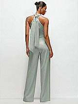 Alt View 1 Thumbnail - Willow Green Pleated Halter Blouson Crepe Wedding Jumpsuit with Self-Tie Bow Back