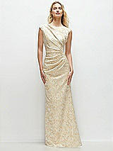 Front View Thumbnail - Champagne Filigree Sleeveless Cap Shoulder Champagne Filigree Brocade Maxi Dress with Trumpet Skirt