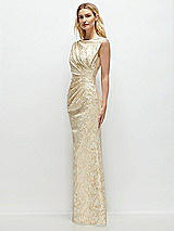 Side View Thumbnail - Champagne Filigree Sleeveless Cap Shoulder Champagne Filigree Brocade Maxi Dress with Trumpet Skirt