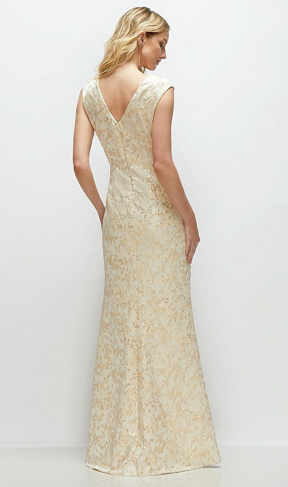 Back View - Champagne Filigree Sleeveless Cap Shoulder Champagne Filigree Brocade Maxi Dress with Trumpet Skirt