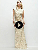 Video 1 Thumbnail - Champagne Filigree Sleeveless Cap Shoulder Champagne Filigree Brocade Maxi Dress with Trumpet Skirt