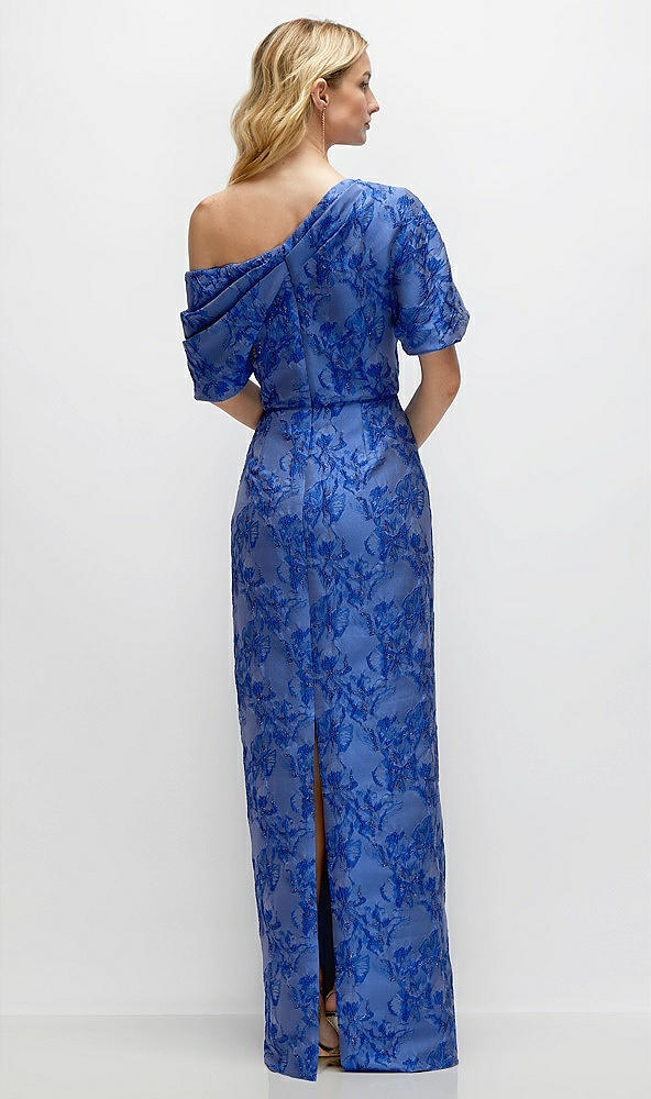 Back View - Cobalt Jacquard Asymmetrical Off-the-Shoulder Cobalt Floral Metallic Jacquard Maxi Dress