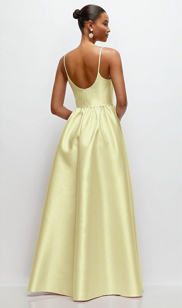 Back View - Butter Yellow Scoop Neck Drop Basque Skirt Satin Maxi Dress with Pockets