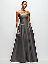 Front View Thumbnail - Caviar Gray Scoop Neck Drop Basque Skirt Satin Maxi Dress with Pockets