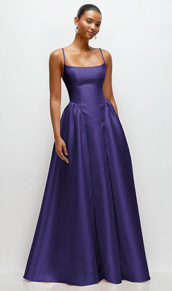 Front View - Grape Scoop Neck Drop Basque Skirt Satin Maxi Dress with Pockets