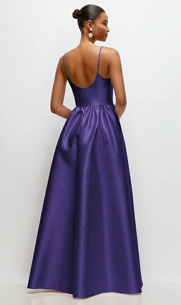 Back View - Grape Scoop Neck Drop Basque Skirt Satin Maxi Dress with Pockets