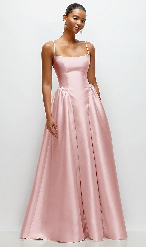 Front View - Ballet Pink Scoop Neck Drop Basque Skirt Satin Maxi Dress with Pockets