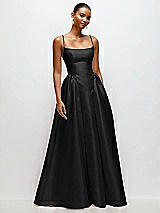 Front View Thumbnail - Black Scoop Neck Drop Basque Skirt Satin Maxi Dress with Pockets