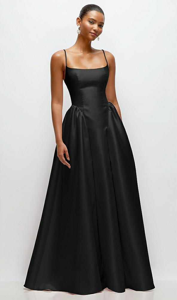 Front View - Black Scoop Neck Drop Basque Skirt Satin Maxi Dress with Pockets