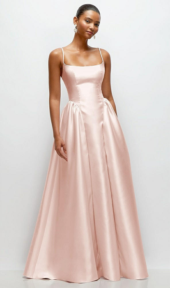 Front View - Blush Scoop Neck Drop Basque Skirt Satin Maxi Dress with Pockets