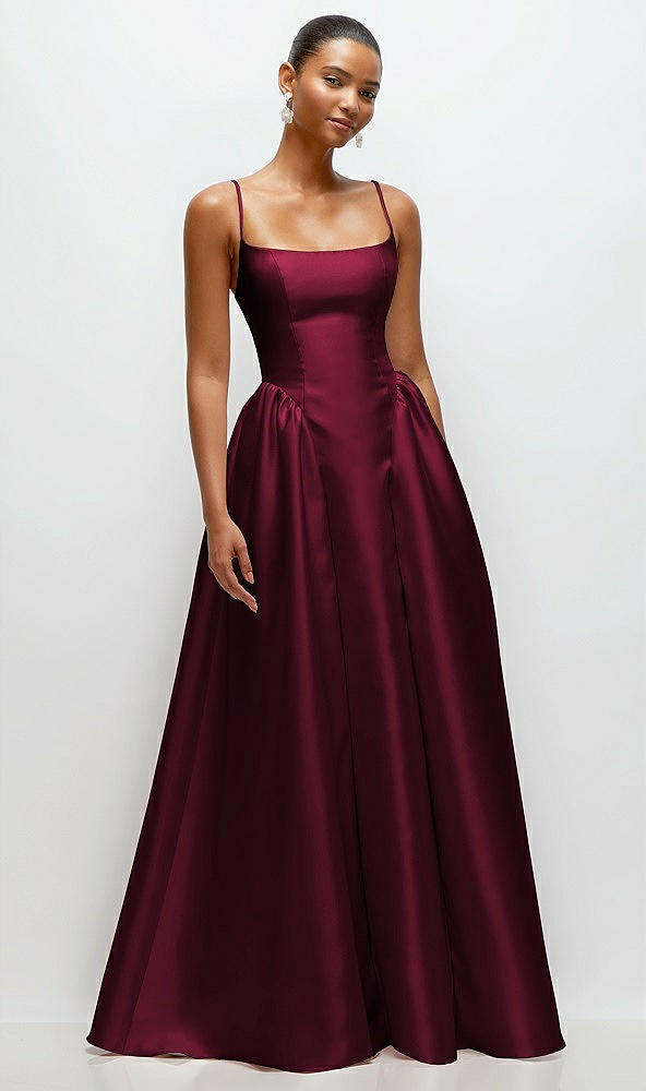 Front View - Cabernet Scoop Neck Drop Basque Skirt Satin Maxi Dress with Pockets