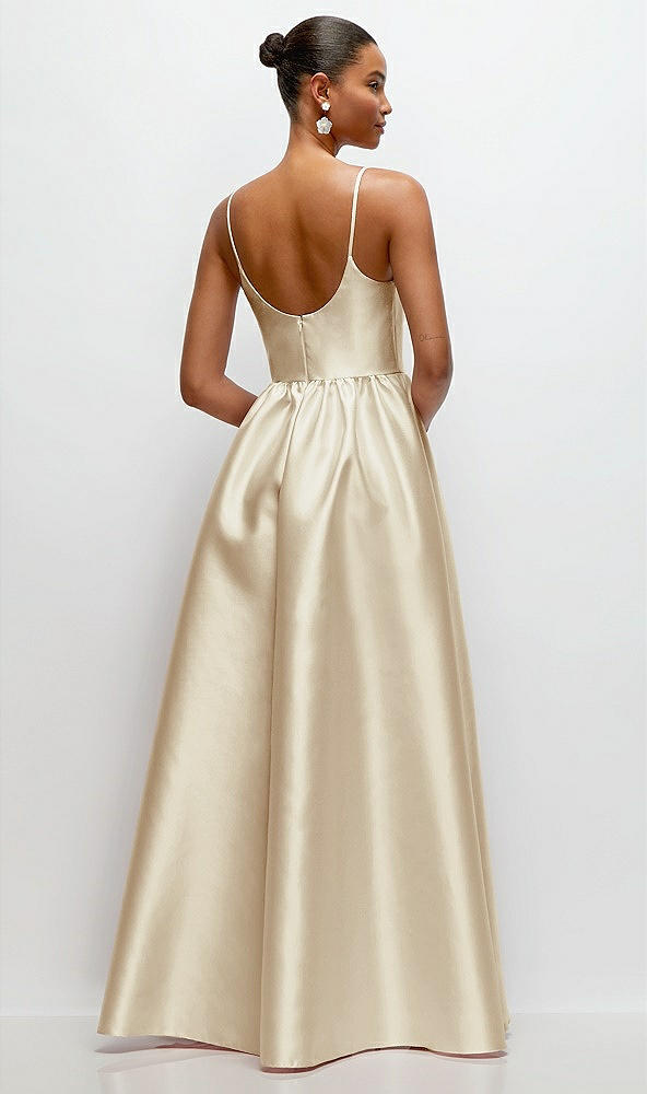 Back View - Champagne Scoop Neck Drop Basque Skirt Satin Maxi Dress with Pockets