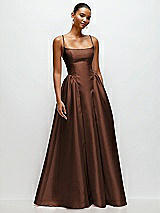 Front View Thumbnail - Cognac Scoop Neck Drop Basque Skirt Satin Maxi Dress with Pockets