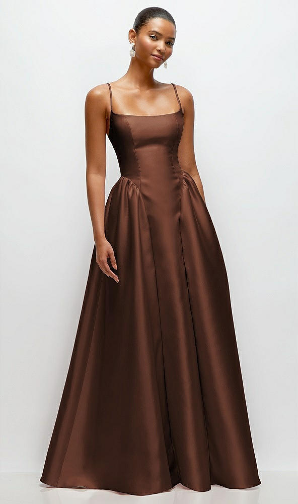 Front View - Cognac Scoop Neck Drop Basque Skirt Satin Maxi Dress with Pockets