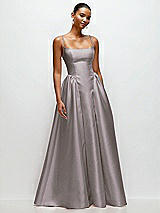 Front View Thumbnail - Cashmere Gray Scoop Neck Drop Basque Skirt Satin Maxi Dress with Pockets