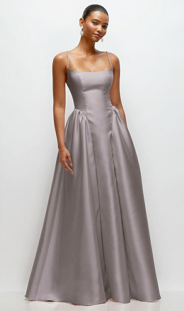 Front View - Cashmere Gray Scoop Neck Drop Basque Skirt Satin Maxi Dress with Pockets