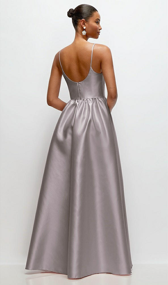 Back View - Cashmere Gray Scoop Neck Drop Basque Skirt Satin Maxi Dress with Pockets