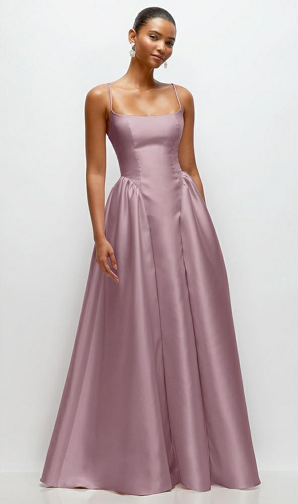 Front View - Dusty Rose Scoop Neck Drop Basque Skirt Satin Maxi Dress with Pockets