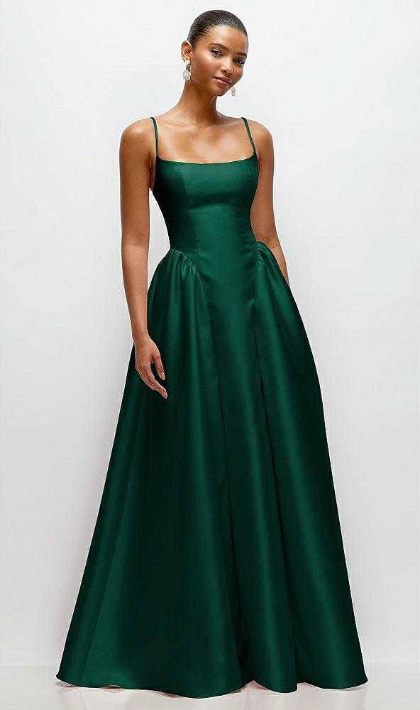 Front View - Hunter Green Scoop Neck Drop Basque Skirt Satin Maxi Dress with Pockets