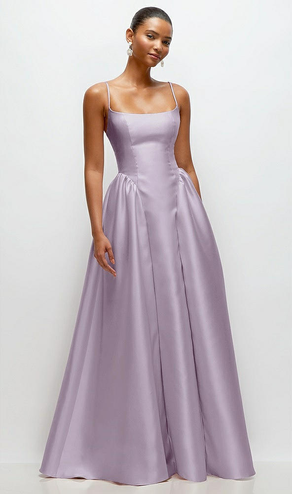 Front View - Lilac Haze Scoop Neck Drop Basque Skirt Satin Maxi Dress with Pockets