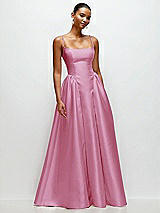 Front View Thumbnail - Powder Pink Scoop Neck Drop Basque Skirt Satin Maxi Dress with Pockets