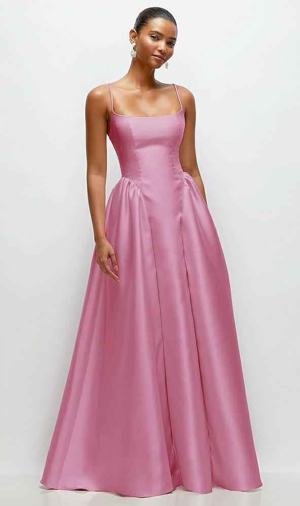 Front View - Powder Pink Scoop Neck Drop Basque Skirt Satin Maxi Dress with Pockets