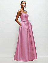 Side View Thumbnail - Powder Pink Scoop Neck Drop Basque Skirt Satin Maxi Dress with Pockets