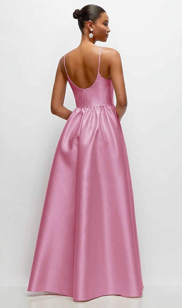 Back View - Powder Pink Scoop Neck Drop Basque Skirt Satin Maxi Dress with Pockets