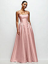 Front View Thumbnail - Rose - PANTONE Rose Quartz Scoop Neck Drop Basque Skirt Satin Maxi Dress with Pockets