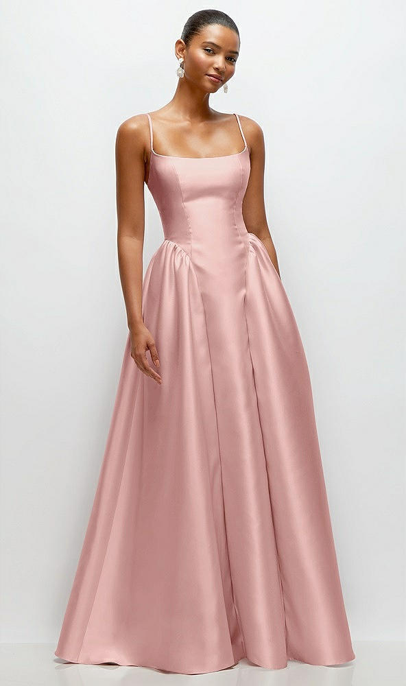 Front View - Rose - PANTONE Rose Quartz Scoop Neck Drop Basque Skirt Satin Maxi Dress with Pockets