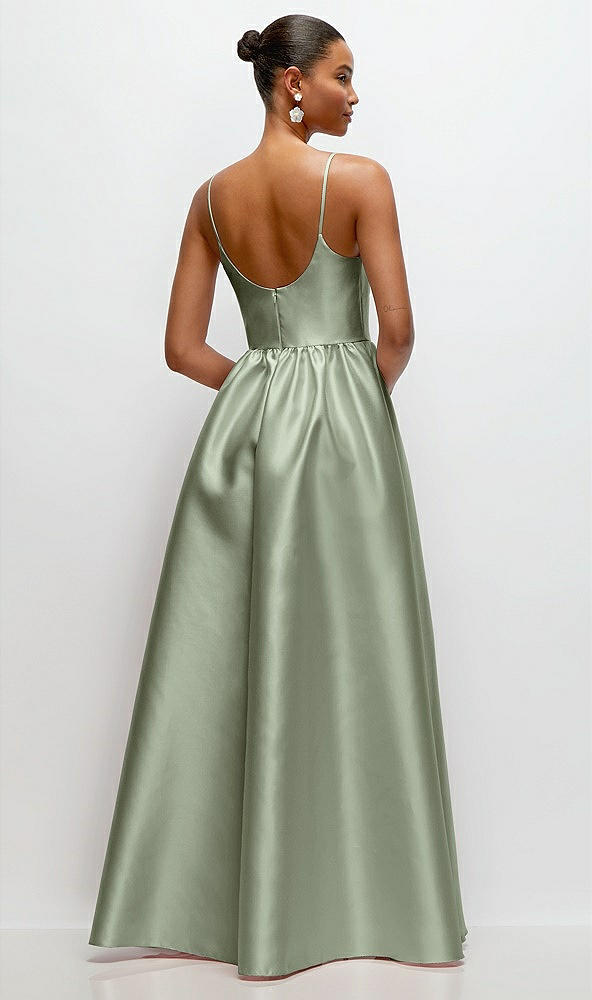 Back View - Sage Scoop Neck Drop Basque Skirt Satin Maxi Dress with Pockets