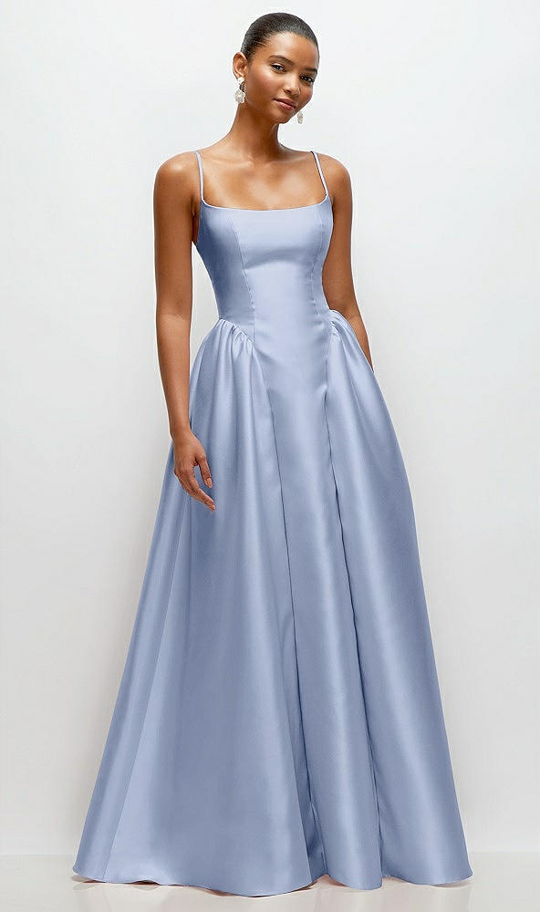 Front View - Sky Blue Scoop Neck Drop Basque Skirt Satin Maxi Dress with Pockets