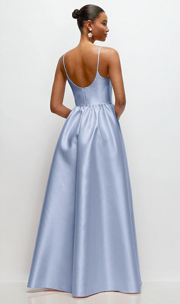 Back View - Sky Blue Scoop Neck Drop Basque Skirt Satin Maxi Dress with Pockets